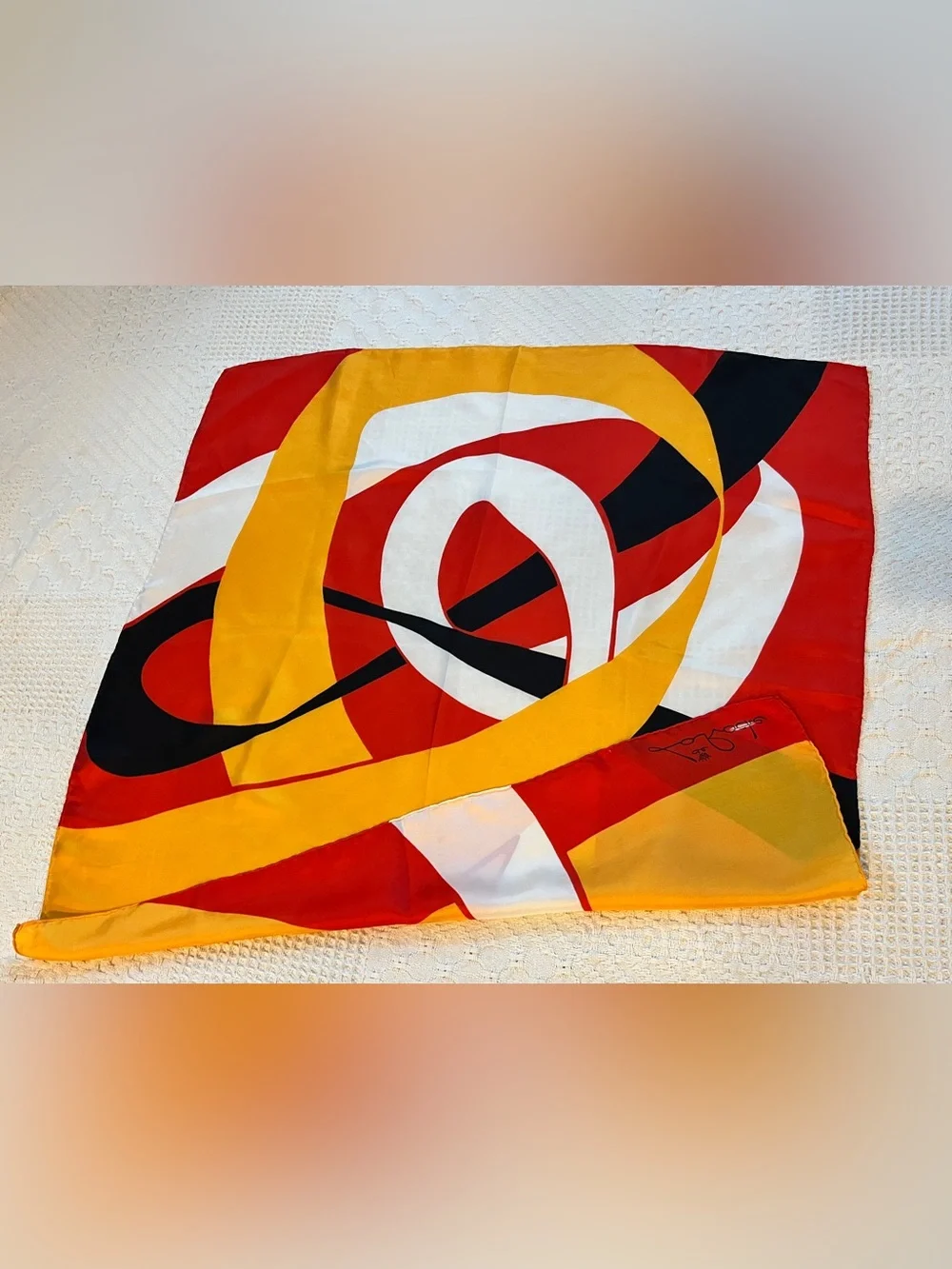 Vintage De La Roche Silk Scarf with Hand-Rolled Hem